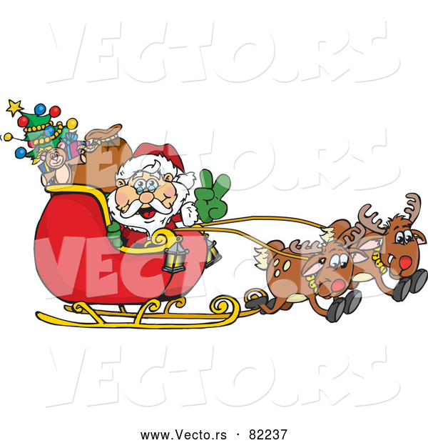 Vector of Peace Sign Santa Navigating Sleigh with Reindeer