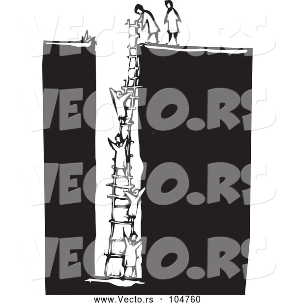 Vector of People Climbing a Ladder from a Deep Hole - Black and White Woodcut Theme