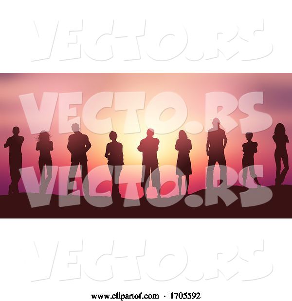 Vector of People Silhouettes Social Distancing Against a Sunset Sky