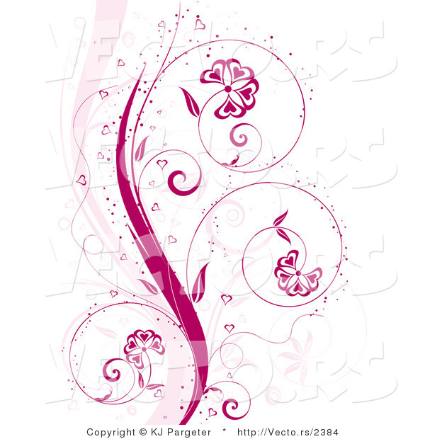 Vector of Pink Curling Floral Vines with Flowers, Sparkles and Love Hearts