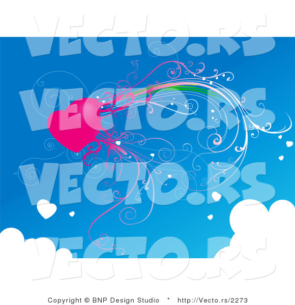 Vector of Pink Heart with Vines in a Blue Sky Bordered with Clouds