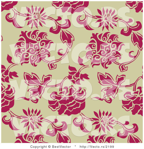 Vector of Pink Leaves and Flowers over Beige Background - Seamless Web Design Elements