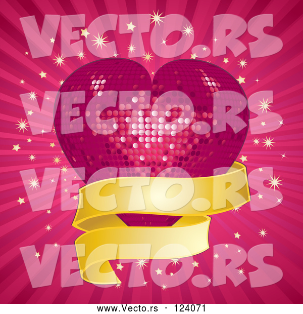 Vector of Pink Mosaic Disco Heart with a Golden Banner over Rays and Bursts