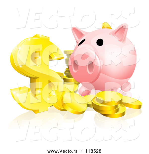 Vector of Pink Piggy Bank and Abundance of Gold Coins and Dollar Symbol