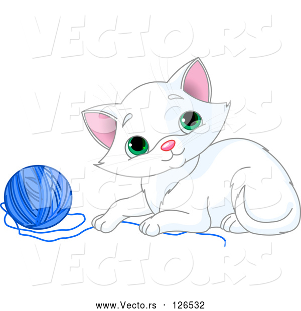 Vector of Playful White Kitten with a Blue Yarn Ball