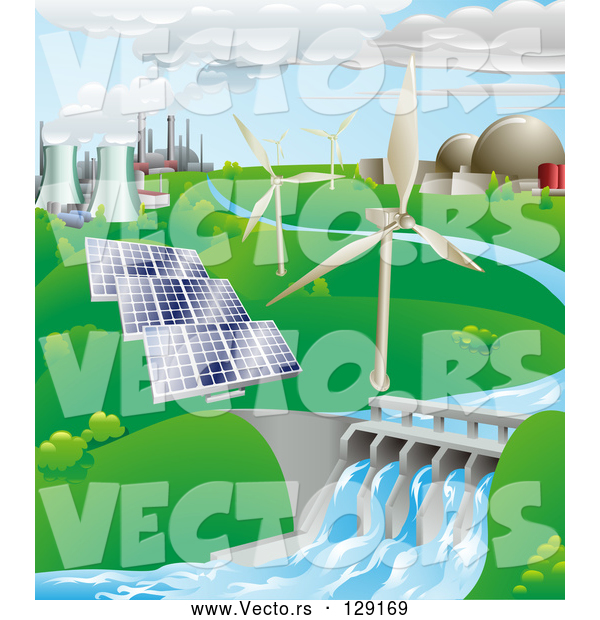 Vector of Power Generation Farm: Nuclear, Fossil Fuel, Wind Power, Photovoltaic Cells, and Hydro Electric Water