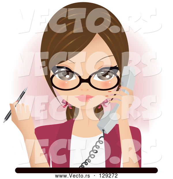 Vector of Pretty Brunette Secretary, Assistant or Receptionist Holding a Phone and a Pen While Taking a Call in an Office