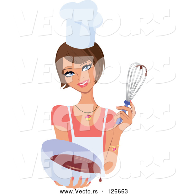 Vector of Pretty Brunette White Lady Holding up a Whisk and a Bowl of Cake Mix