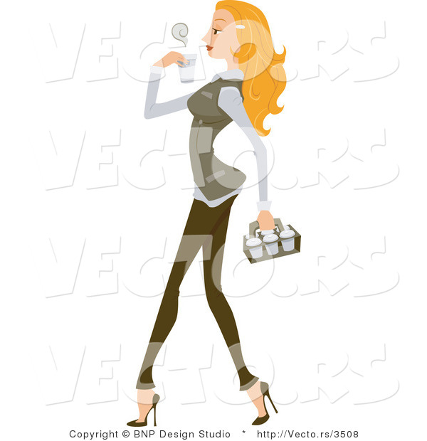 Vector of Pretty Young Lady Carrying 7 Cups of Coffee Back to the Office