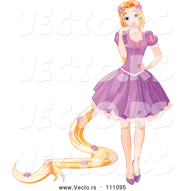 Vector of Princess Rapunzel with Long Hair Decorated in Flowers, Wearing a Purple Dress