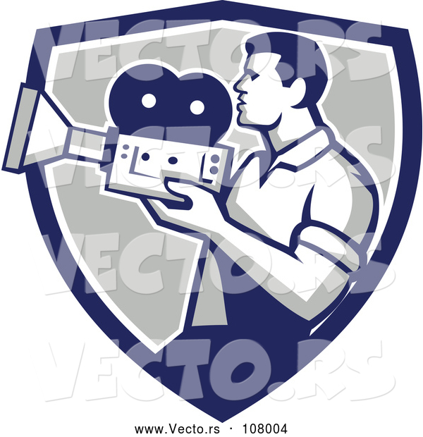 Vector of Profiled Retro Camera Guy Filming in a Blue White and Gray Shield