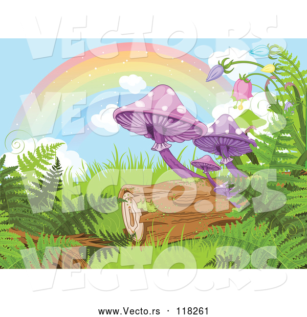 Vector of Rainbow over Mushrooms Ferns and a Log in a Fantasy Forest