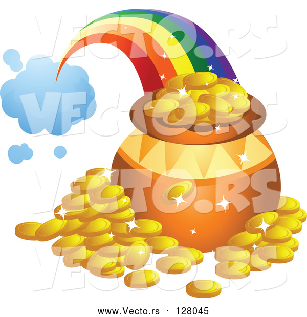 Vector of Rainbow Shooting from a Cloud and Landing Behind a Pot of Gold