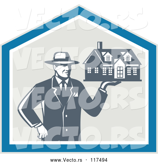 Vector of Real Estate Agent Man Holding a House in a Shield