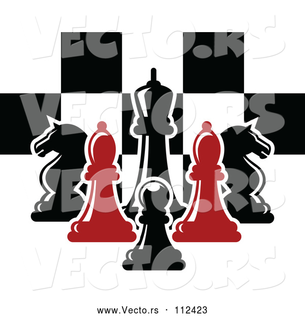 Vector of Red and Black Chess Pieces Against a Checker Board