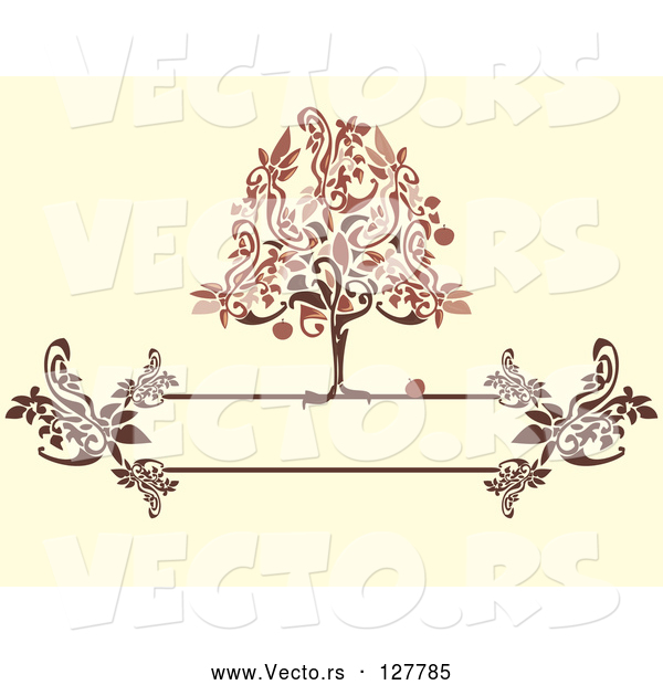 Vector of Red and Brown Apple Tree on a Floral Text Box over Beige