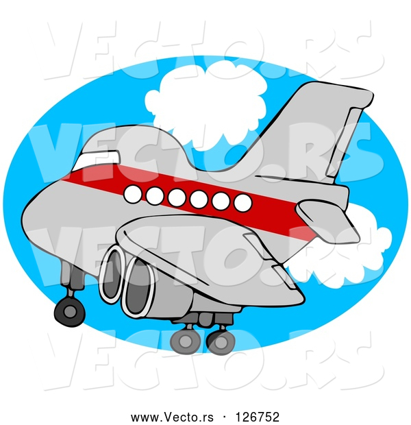 Vector of Red and Gray Airplane over an Oval of Blue Sky with Clouds