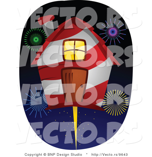 Vector of Red and White Striped Birdhouse with Fireworks Exploding in the Background