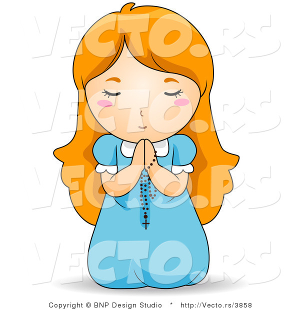 Vector of Red Haired Baby Girl on Her Knees, Praying to God with Rosary