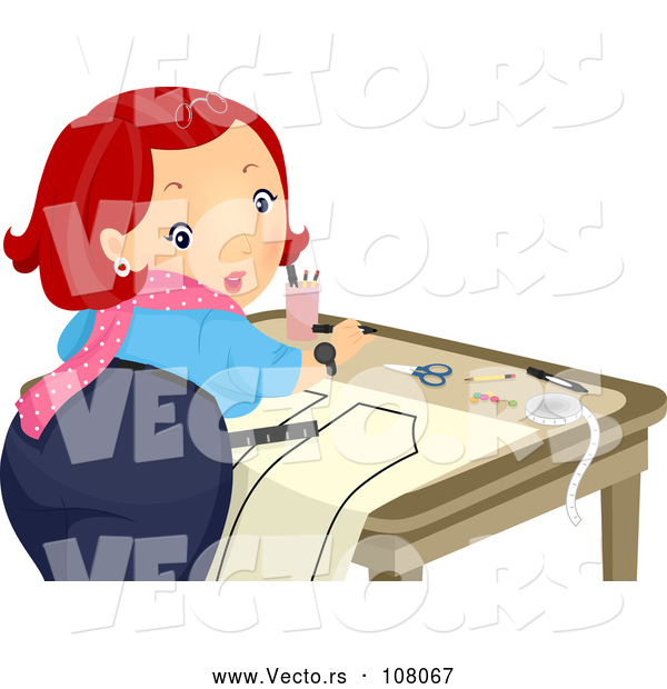 Vector of Red Haired Lady Looking Back While Creating a Sewing Pattern