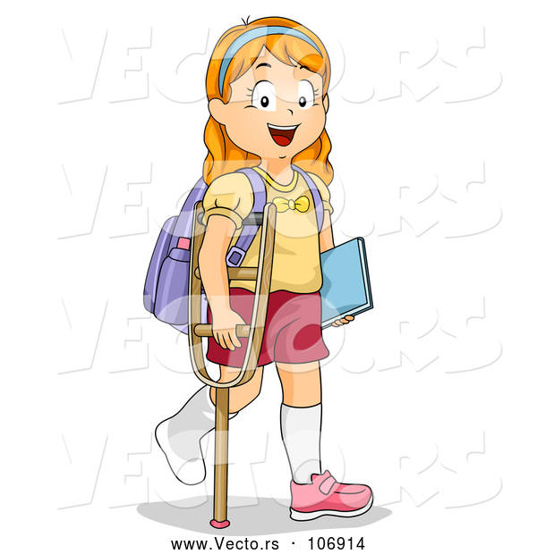 Vector of Red Haired White School Girl Walking with a Crutch