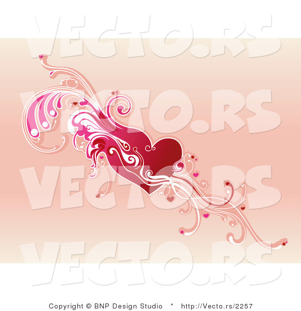 Vector of Red Heart with Pink Leafy Vines and Tiny Love Hearts