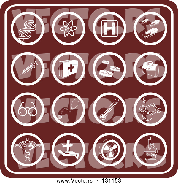 Vector of Red Medical Icons Collage: Dna, Molecules, Hospital Signs, Pills, Syringes, First Aid KChildren, Rx, Doctor Bag, Glasses, Stethoscopes, Thermometers, and Microscopes