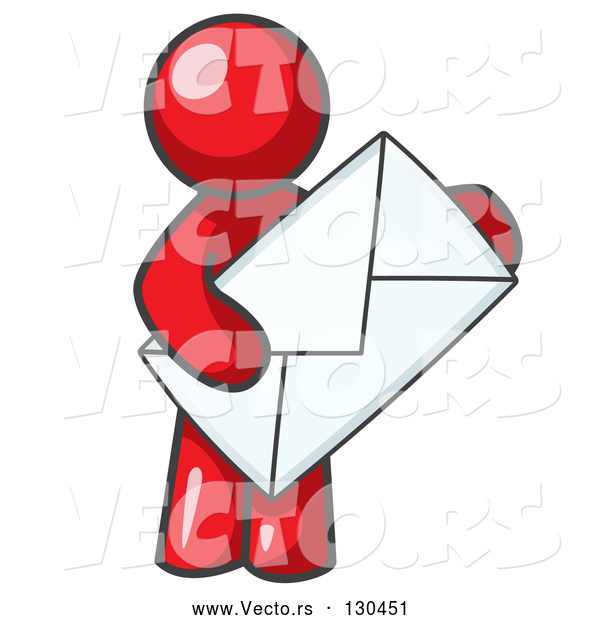 Vector of Red Person Standing and Holding a Large Envelope, Symbolizing Communications and Email