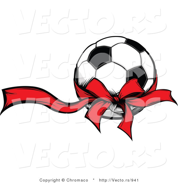 Vector of Red Ribbon and Bow Around Soccer Ball Present
