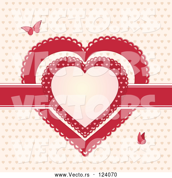 Vector of Red Ribbon and Doily Valentine Hearts with Butterflies