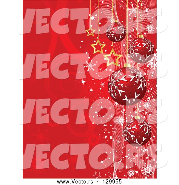 Vector of Red Snowflake Patterned Ornaments and Gold Stars Suspended over a Red Swirl Background with Snowflakes