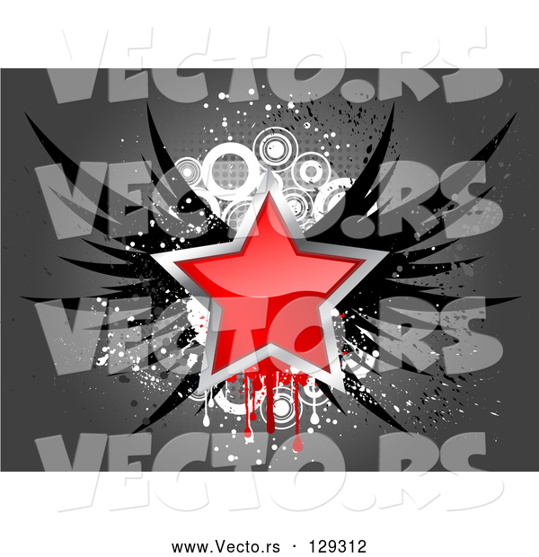 Vector of Red Star Bordered in Chrome, with Black Wings, over a Grungy Gray and White Background
