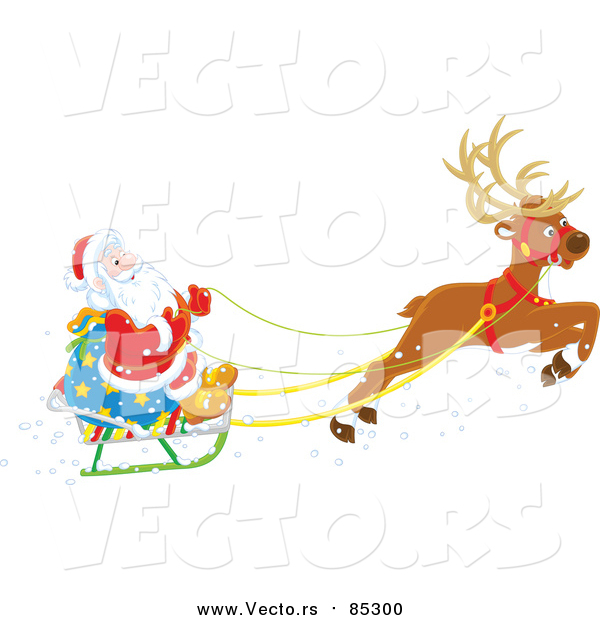 Vector of Reindeer Flying Santa in His Sleigh