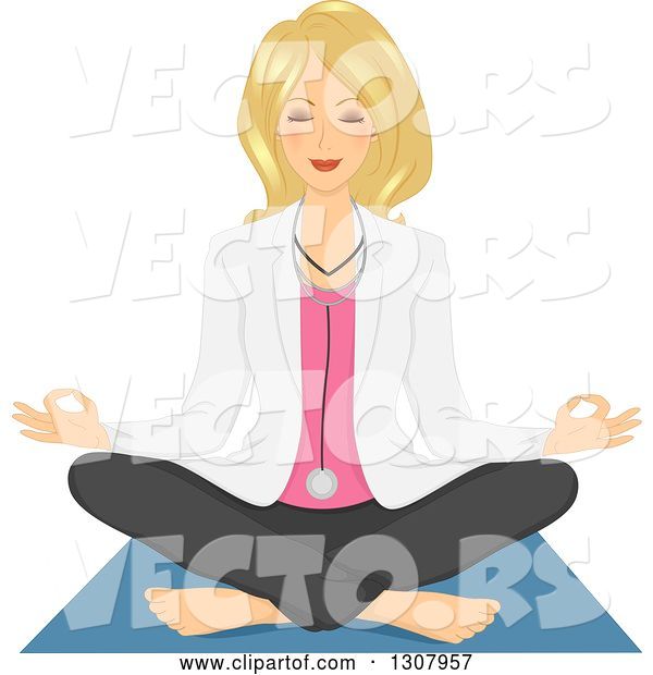 Vector of Relaxed Blond White Female Doctor Doing Yoga and Meditating