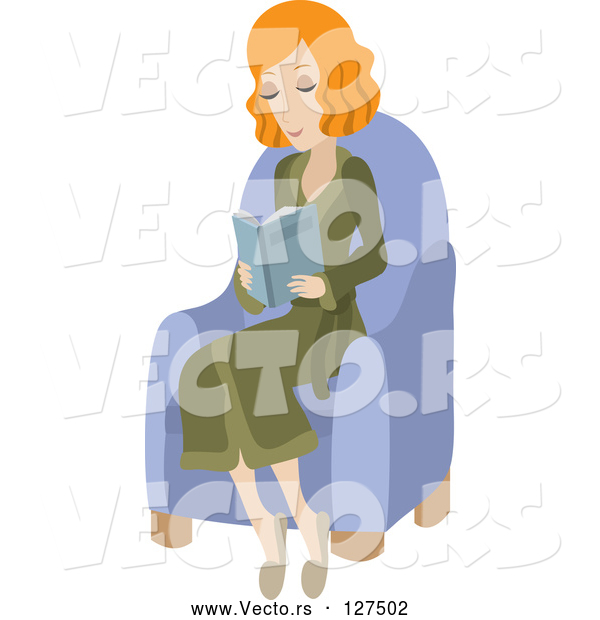Vector of Relaxed Red Haired White Lady Wearing a Robe, Sitting in a Chair and Reading a Book