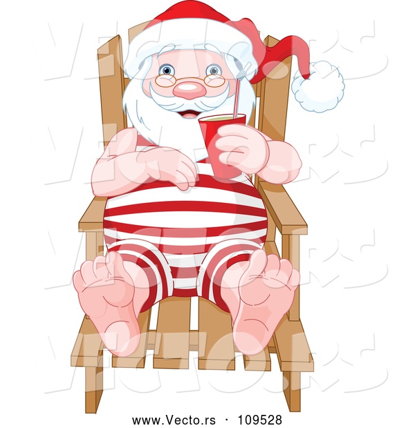 Vector of Relaxed Santa Sitting in a Beach Chair and Holding a Beverage While Sun Bathing