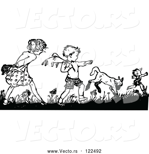 Vector of Retro Black and White Boy and Girl Picking Flowers