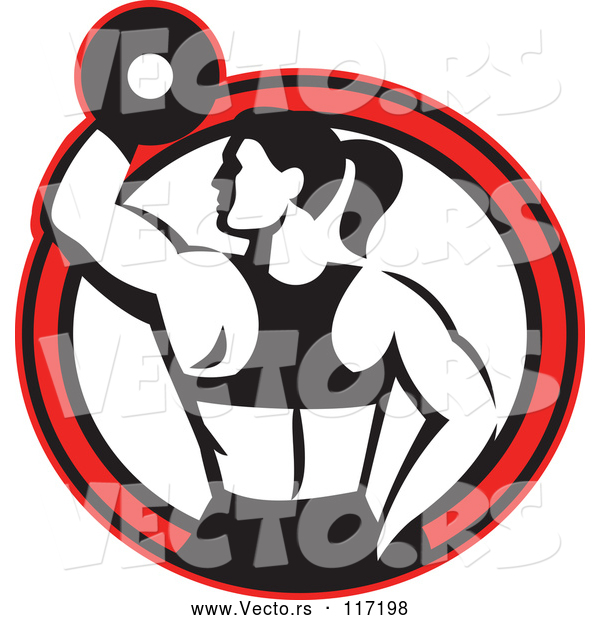 Vector of Retro Black and White Fit Lady Working out with a Dumbbell in a Red Circle