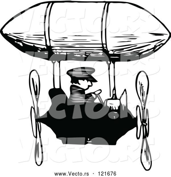 Vector of Retro Black and White Guy Flying an Airship