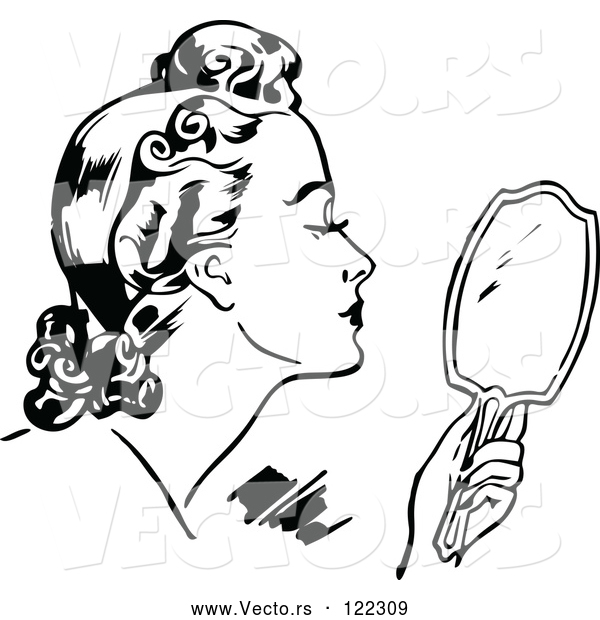 Vector of Retro Black and White Lady Using a Hand Mirror