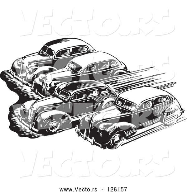Vector of Retro Black Lineart Cars Taking off in a Race