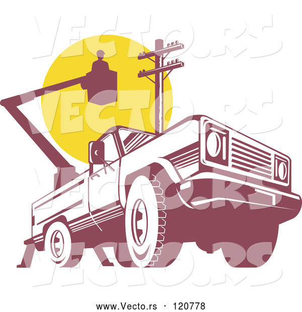 Vector of Retro Bucket Truck with an Electrican and Pole