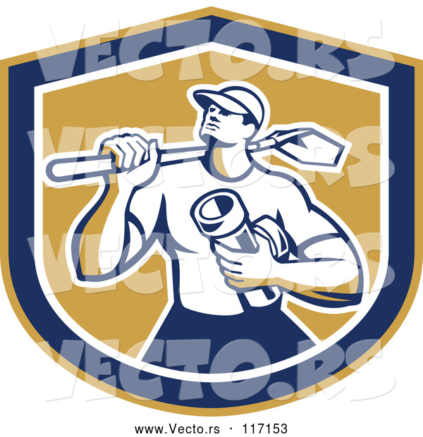 Vector of Retro Drainlayer Guy Carrying a Shovel and Pipe in a Shield