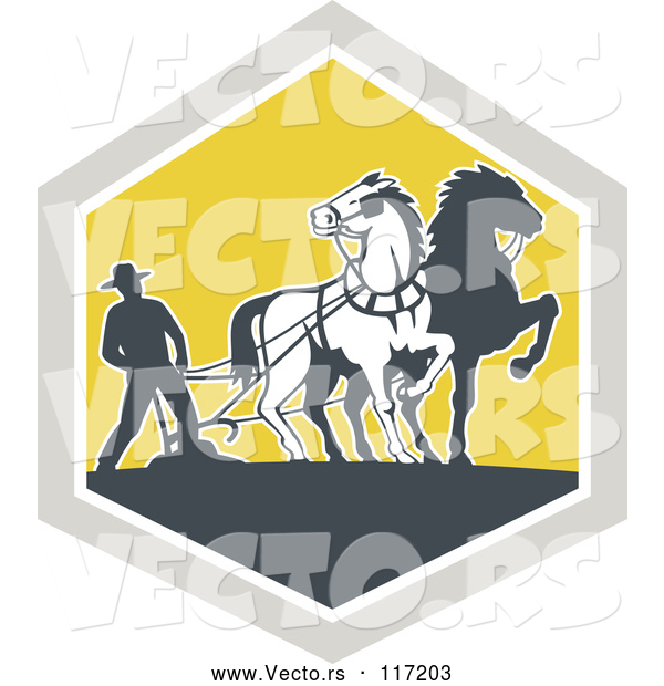 Vector of Retro Farmer and Horses Plowing a Field in a Diamond