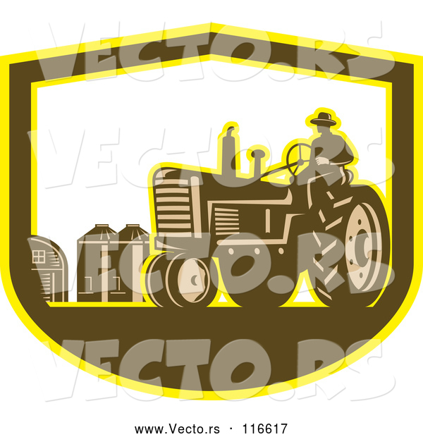 Vector of Retro Farmer Driving a Tractor on a Farm in a Shield