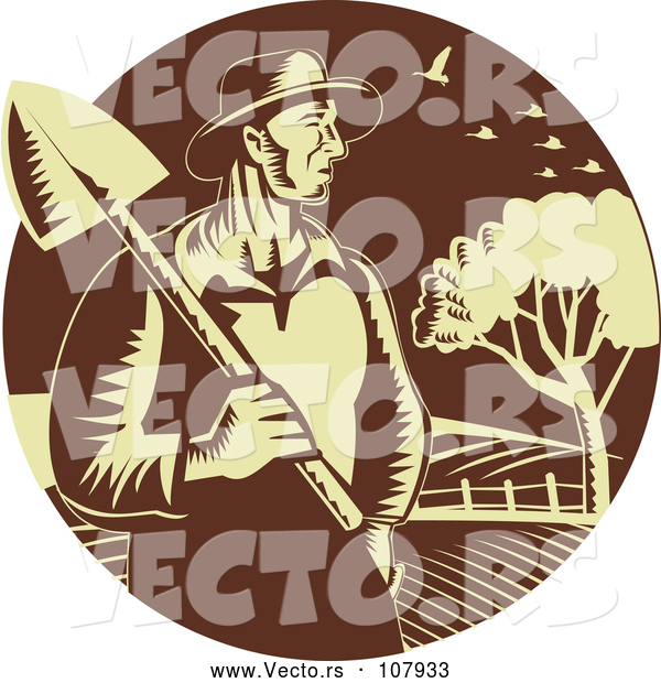 Vector of Retro Farmer Guy Holding a Shovel Against Farmland in a Brown and Yellow Circle