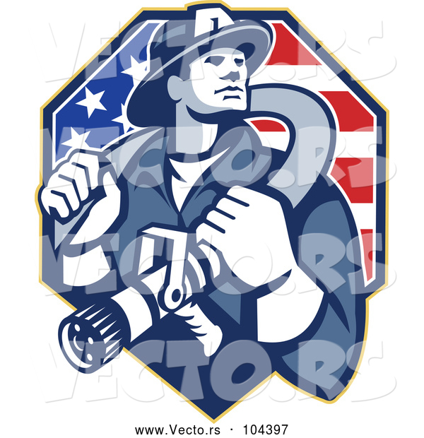 Vector of Retro Fire Fighter Guy Holding a Hose on His Shoulders over an American Flag