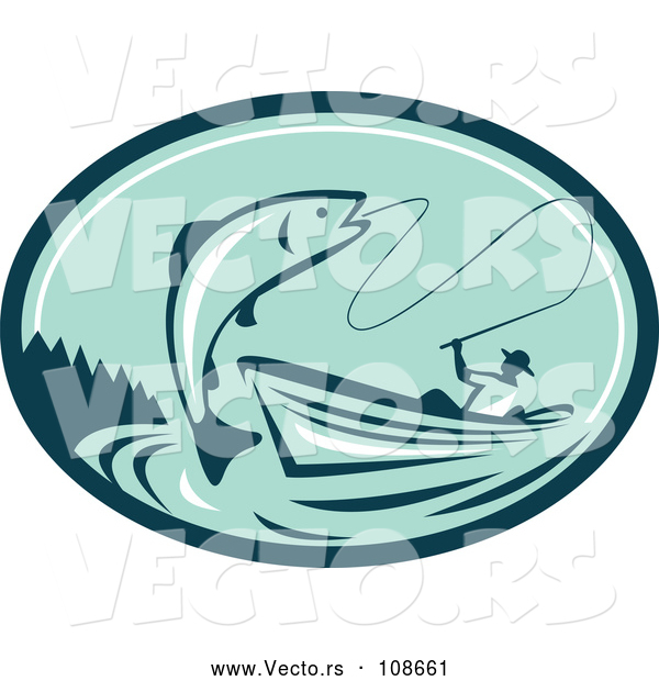 Vector of Retro Fly Fisherman Reeling in a Trout or Salmon Fish from a Boat in a Teal and Green Oval
