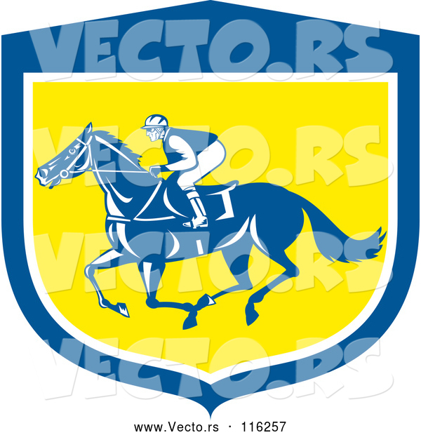 Vector of Retro Jockey Racing a Horse in a Blue White and Yellow Shield