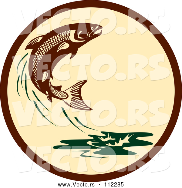 Vector of Retro Leaping Atlantic Salmon Fish and Green Water Splash in a Brown and Tan Circle